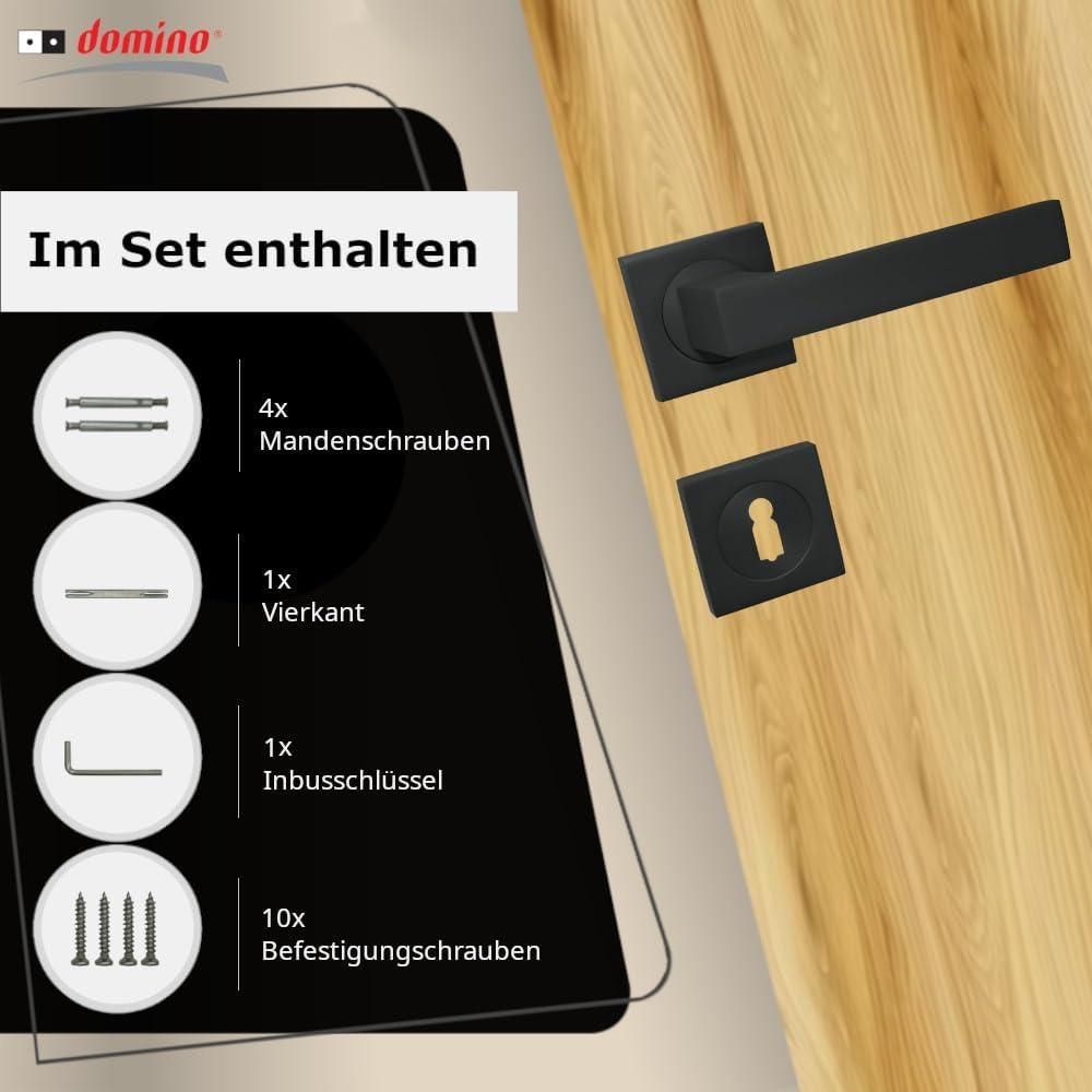 DOMINO Türgriff Drückergarnitur BB-Buntbart Set | mit quadratischen BB Rosetten | Türklinke für Zimmertür, Bürotür, Kellertür & Innentür | Türbeschläge aus Aluminium |Schwarz Türdrückergarnitur | QUBIK-QR BLACK