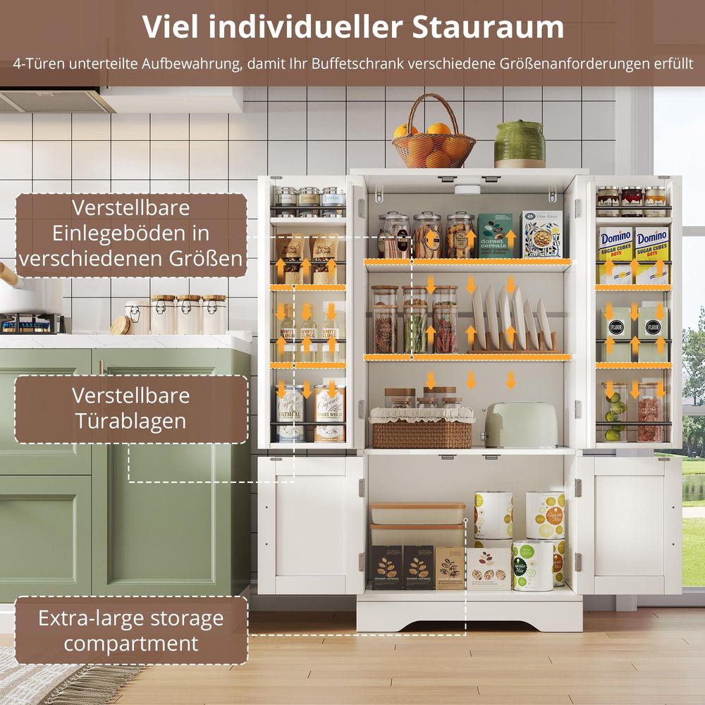Flieks Küche Hochschrank mit LED, 4-türiger Schrank mit Regalböden & Türablagen, 120x60x40 cm, geeignet für Küche, Esszimmer oder Wohnzimmer, weiß