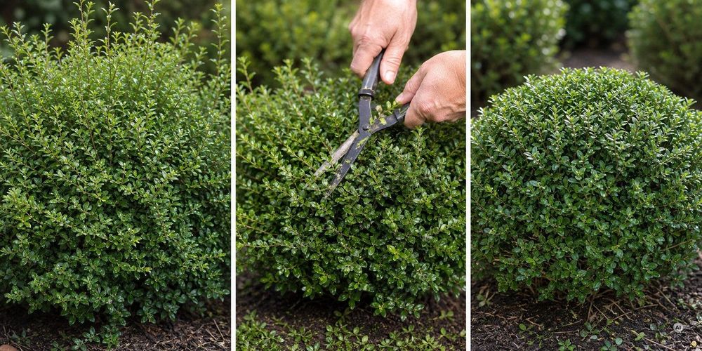 Schnitt-Sequenz: vorher leicht ausgetrieben / Schere im Einsatz / danach perfekte Form.