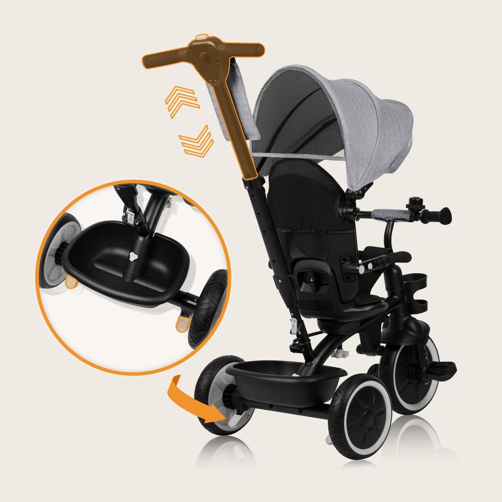 Multifunktionales Dreirad und Kinderwagen Lionelo Berry von 9 Monaten bis 5 Jahren bis zu 25 kg Große PolyurethanRäder, Dreirad-Drehsitz 360° Grau