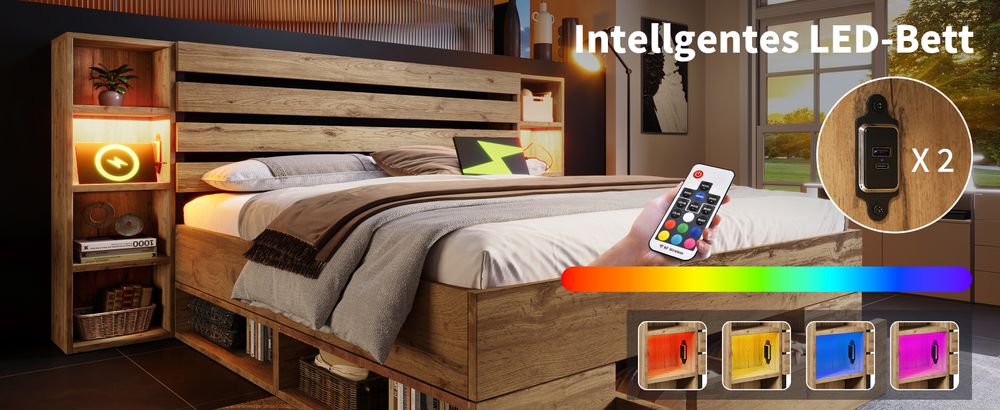 okwish Doppelbett Massivholzbett 160×200, Stauraumbett Bettanlage mit LED-Beleuchtung und USB C Stauraum-Kopfteil und Schubladen, Bettgestell Lattenrost aus Holz, Eiche (Ohne Matratze)