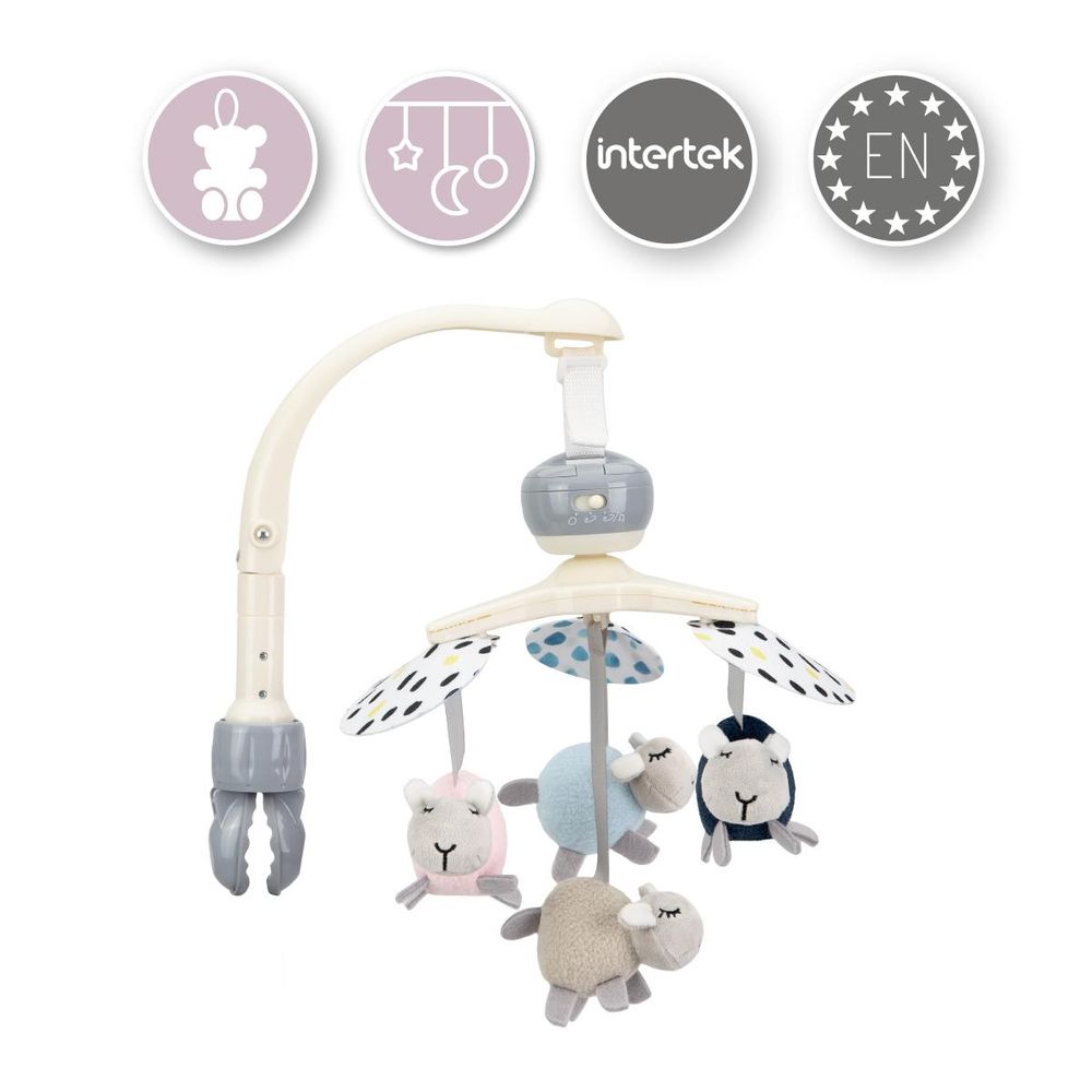 MoMi KIKI - Mobile Kinderbett Karussell für Baby - 4 sensorische Spielzeuge, 5 Melodien, Rasseln - Spieluhren