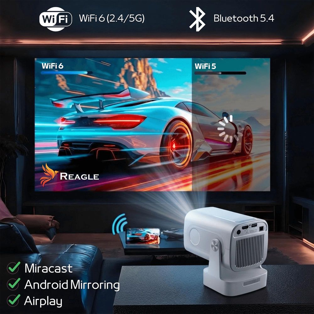 MINI TRAGBARER PROJEKTOR ROTIERENDE LED 4K FULL HD ANDROID 14 SMART WIFI, 180°, Wifi6 Bluetooth
