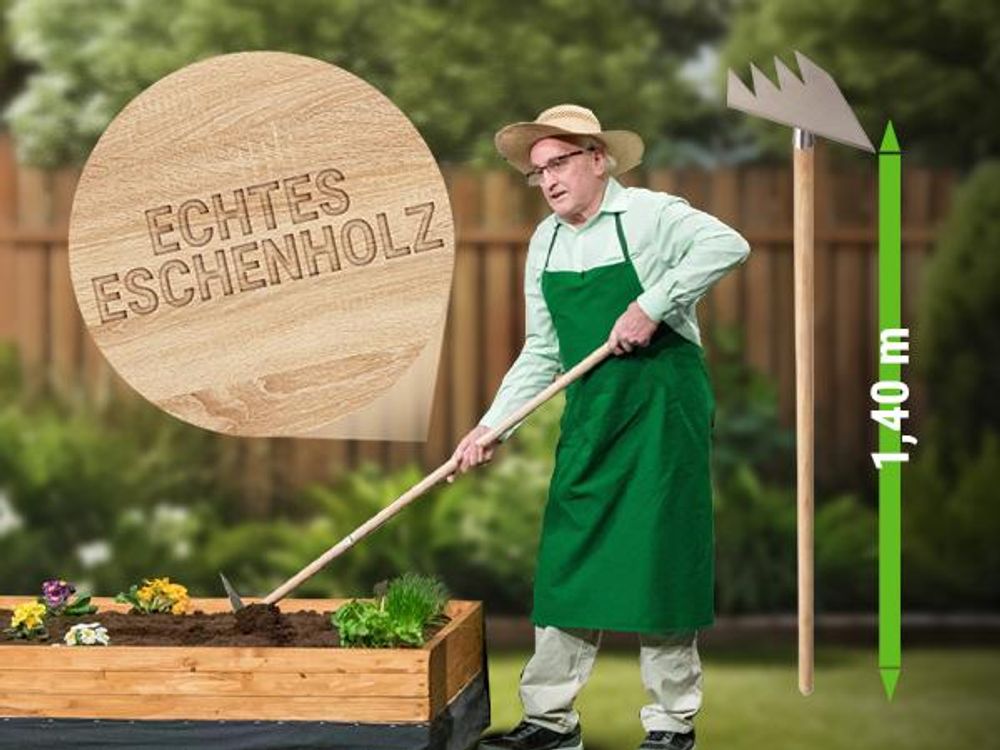 RUWI MULTIHARKE 8in1 | Garten Harke - ohne Stiel - Rückenschonend - Gemüse & Blumen Beet - Unkraut jäten - Boden lockern - Pflanzlöcher graben