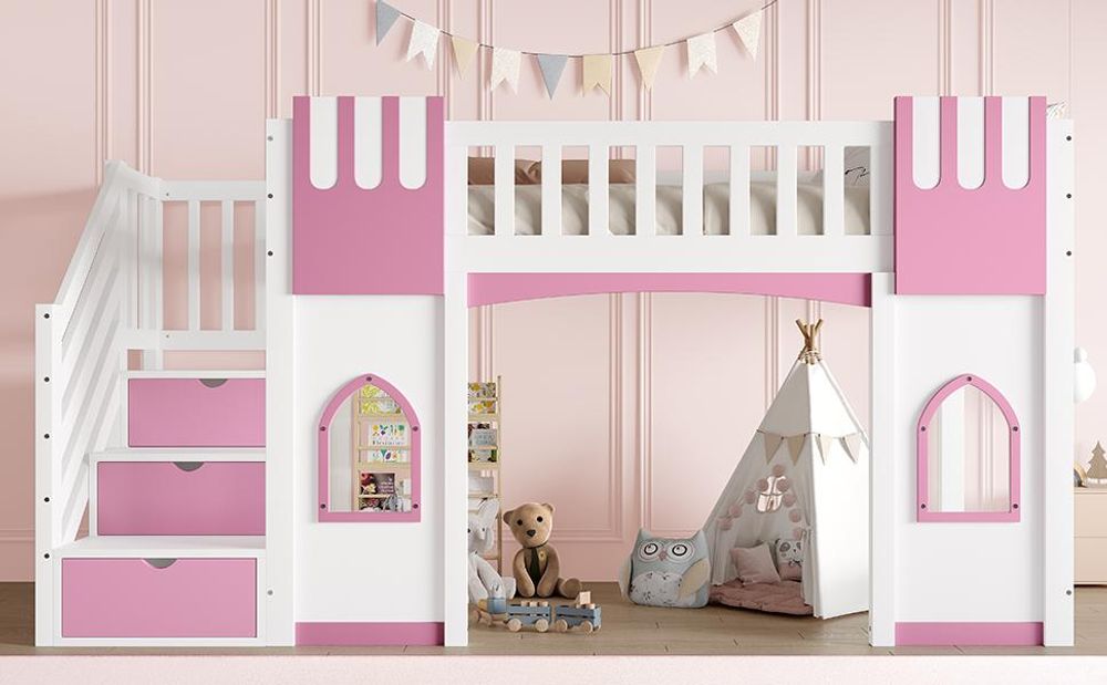 Merax Etagenbett Hochbett 90x200 cm, mit Stauraumtreppe und Fenster, Kinderbett, Stockbett, Jugendbett, Kiefer, Massivholzbett, Weiß+Rosa