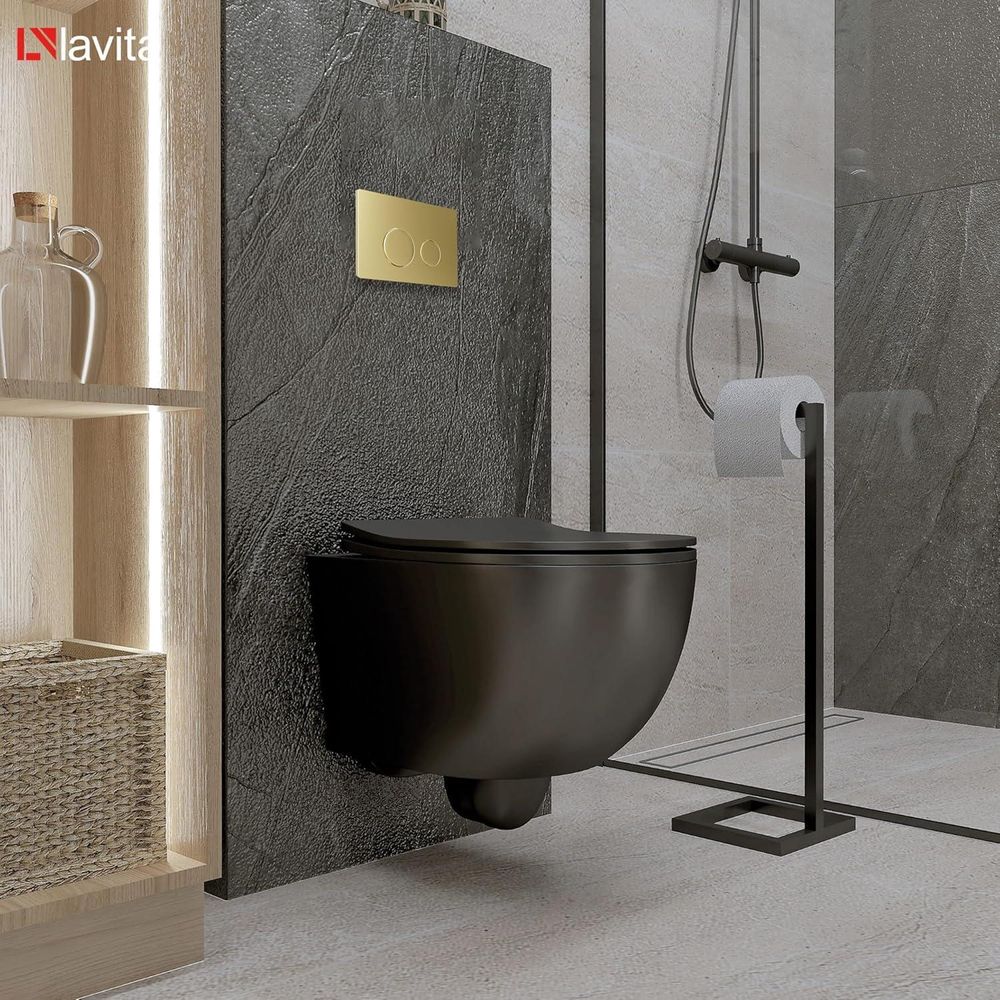 Lavita LAV 101 Vorwandelement für WC 40cm + Wand Hänge Tiefspül WC BRAVA Schwarz Spülrandlos + Bedienplatte LAV 200.4.5 Gold | Komplettset | Unterputz Spülkasten | Toilette Komplett Sett