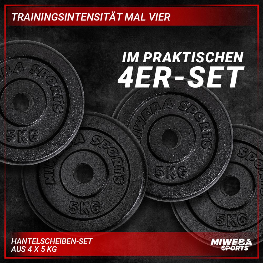 Miweba Sports Hantelscheiben Set | Gusseisen - Hantelgewichte - Gewichtsscheiben - Fitness Scheiben - Gewichte für Hantel - Ø30mm - Schwarz - 4x5 kg