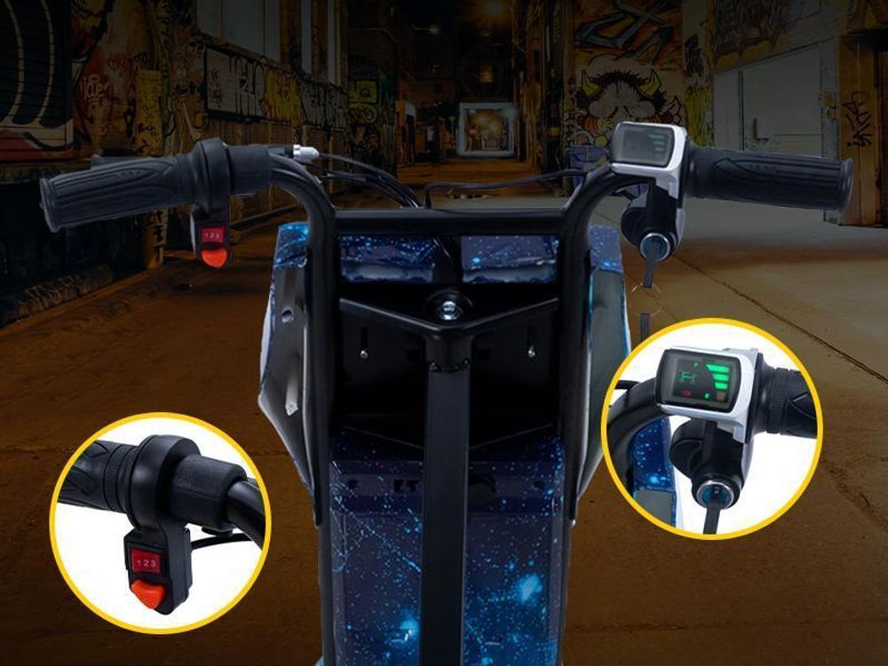 Kinder Elektro Drift Trike | Drift Scooter - Drift Cart - Bis zu 15km/h - LED Driftrollen 360° - Hupe - 3 Geschwindigkeitsstufen (Space Blue)