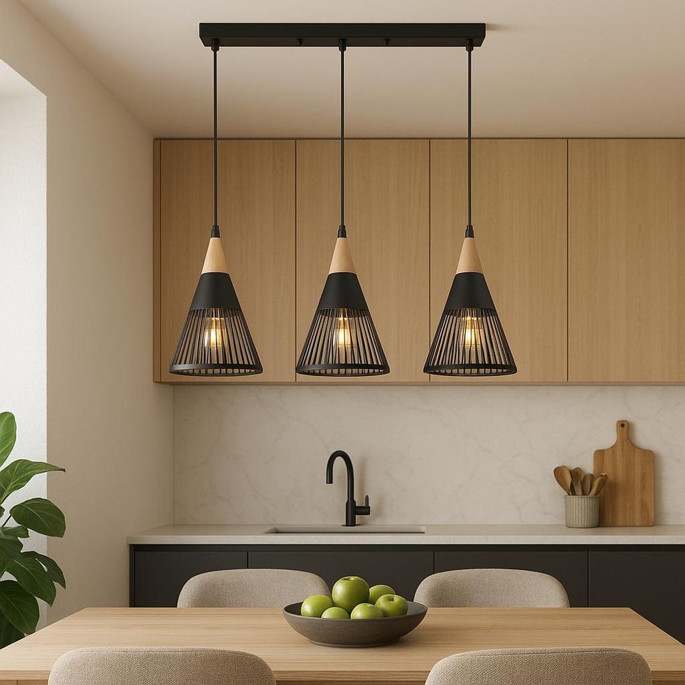 Elegante Pendellampe in Schwarz – Trio aus Holz & Metall für Esstischbeleuchtung