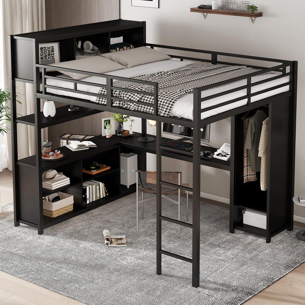 Flieks Etagenbett 140x200cm mit Schreibtisch und Regal, Hochbett mit Kleiderschrank, Kinderbett Jugendbett Metallbett mit Lattenrost, Schwarz