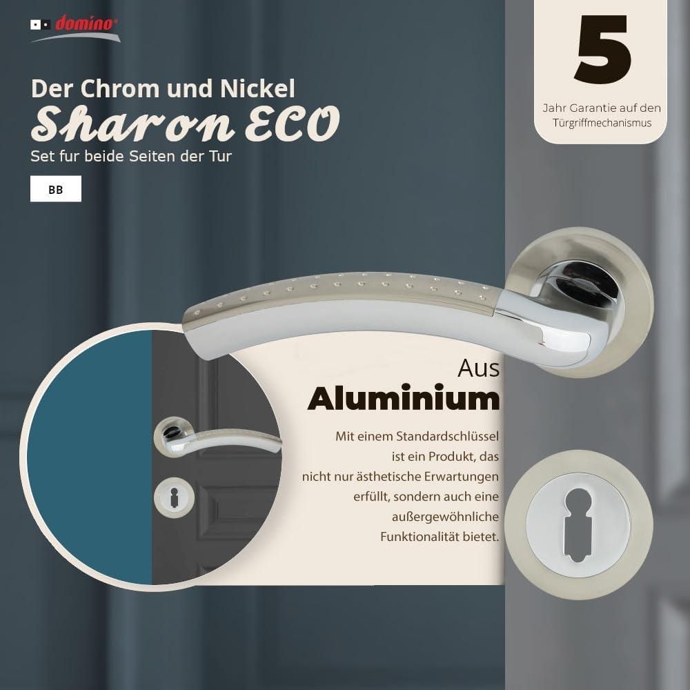 DOMINO Türgriff Drückergarnitur BB-Buntbart Set | Rund BB Rosette | Türklinke für Zimmertür, Bürotür, Kellertür & Innentür | Türbeschläge aus Aluminium | Chrom/Nickel Türdrückergarnitur | SHARON-R M6/M9