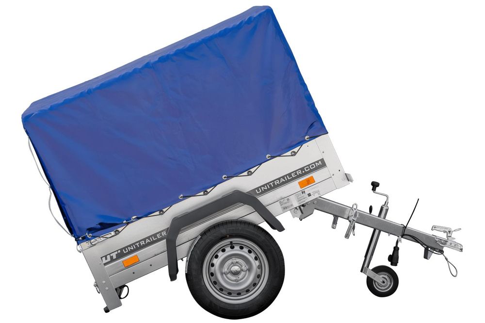 Anhänger 150 KIPP 150x106 cm [mit blauer Hochplane, Hochspriegel und Stützrad]