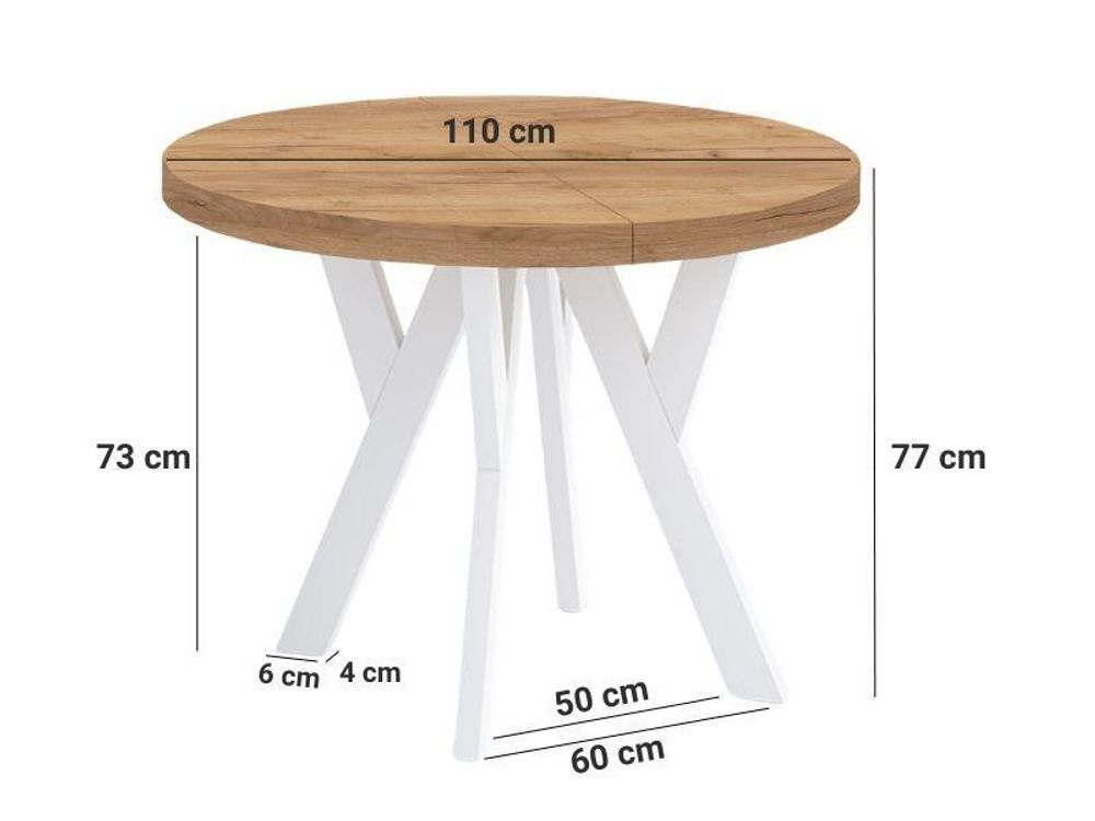 Runder Ausziehbarer Tisch für Esszimmer, PERO, Loft-Stil, Skandinavische, Durchmesser: 110 / 160 cm, Farbe: Eiche Lefkas / Weiss