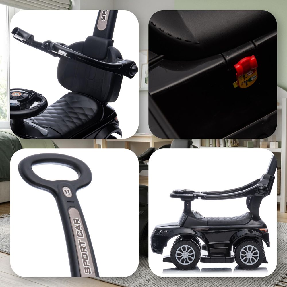 Collage van details: duwstang, beschermbeugel, zitje en zijkant van de loopauto