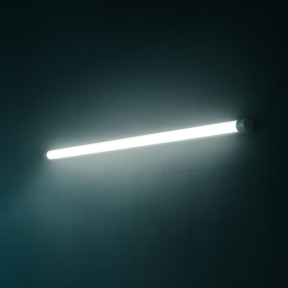 Leuchtende LED-Lichtleiste an dunkler Wand montiert, erzeugt gleichmäßiges, helles Licht.