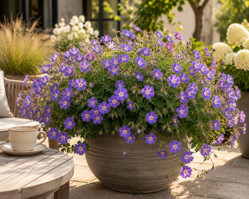 Geranium Rozanne im Kübel auf der Terrasse, Blüten hängen über den Rand