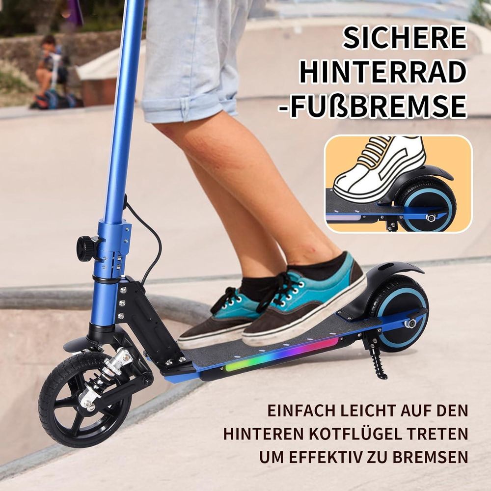 Elektroscooter S5 Blau Für Kinder mit bunten LED-Lichtern und Federdämpfung, Klappbar Elektroroller Max. Geschwindigkeit 14KM/H, Max. Belastung 70KG, E Roller Geschenk für Kinder und Jugendliche