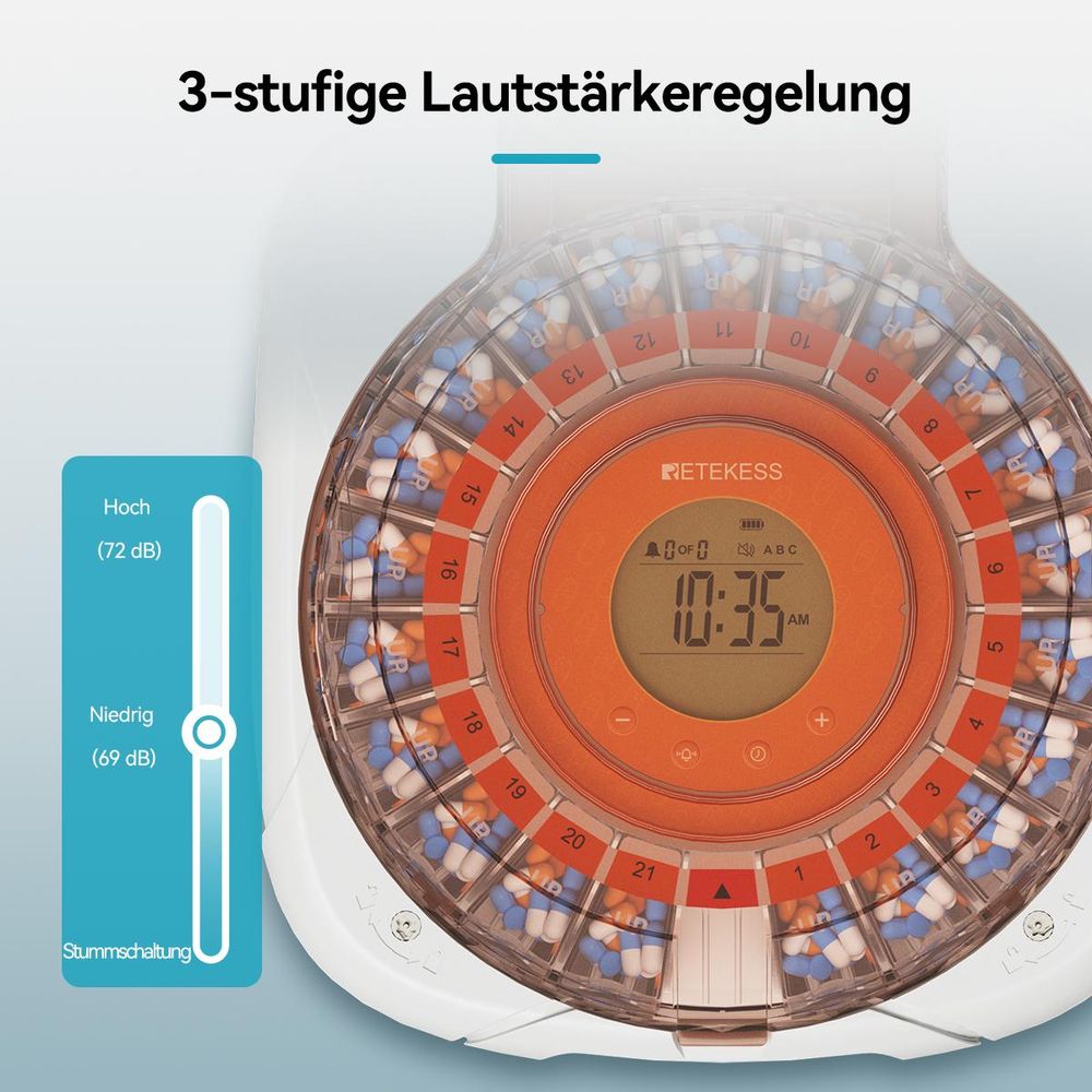 Retekess TH017 Smart Pillenbox, automatischer Tablettenausgabe, LCD-Display, Klingeltöne, Power-off-Speicherfunktion, für Haushalte, Senioren