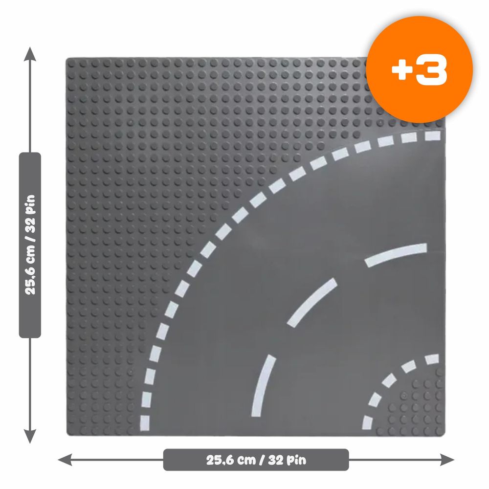 Bauplatte Straße Kurve 32x32 Noppen, Straßenplatte kompatibel mit gängigen Bausteinen, 25,6 x 25,6 cm, EVI KIDS, Grau