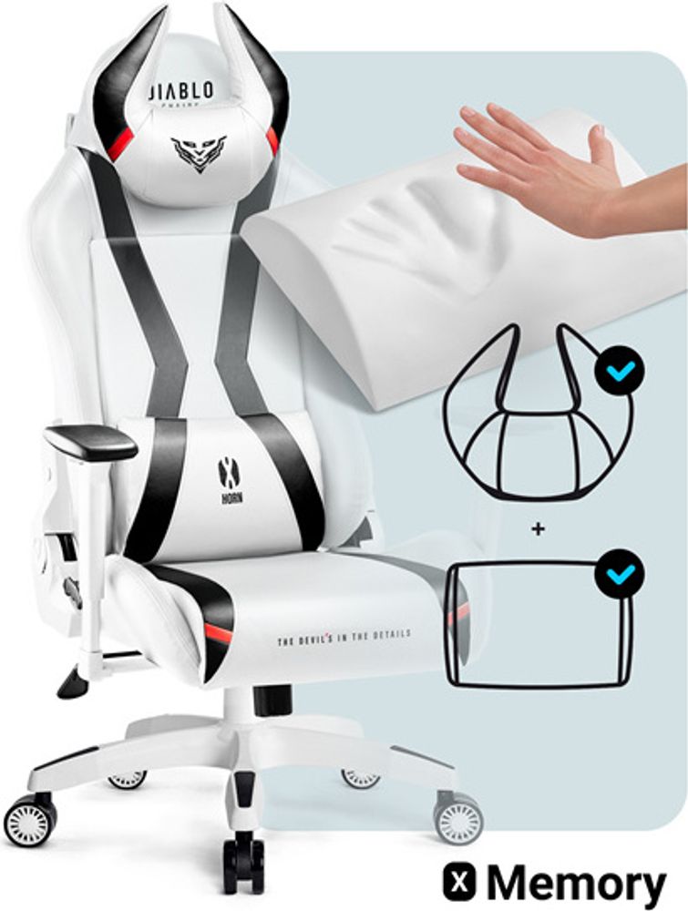 Diablo X-Horn Gaming Stuhl Bürostuhl Schreibtischstuhl 3D Armlehnen Ergonomisches Design Nacken/- Lendenkissen Kunstleder Wippfunktion, Farbe: Weiß, Größe Normal