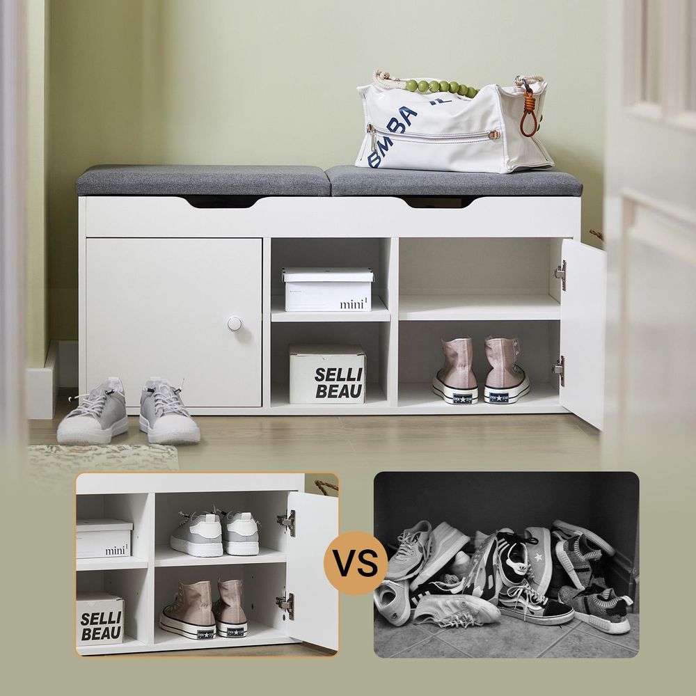 SoBuy Schuhbank Sitzbank mit Stauraum, Gepolstert, Weiß, Schuhregal Platzsparend, Belastbar bis 150kg, Für Flur, Wohnzimmer, Schlafzimmer FSR96-W