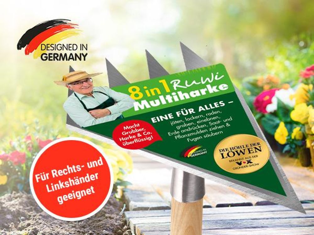 RUWI MULTIHARKE 8in1 | Garten Harke - ohne Stiel - Rückenschonend - Gemüse & Blumen Beet - Unkraut jäten - Boden lockern - Pflanzlöcher graben