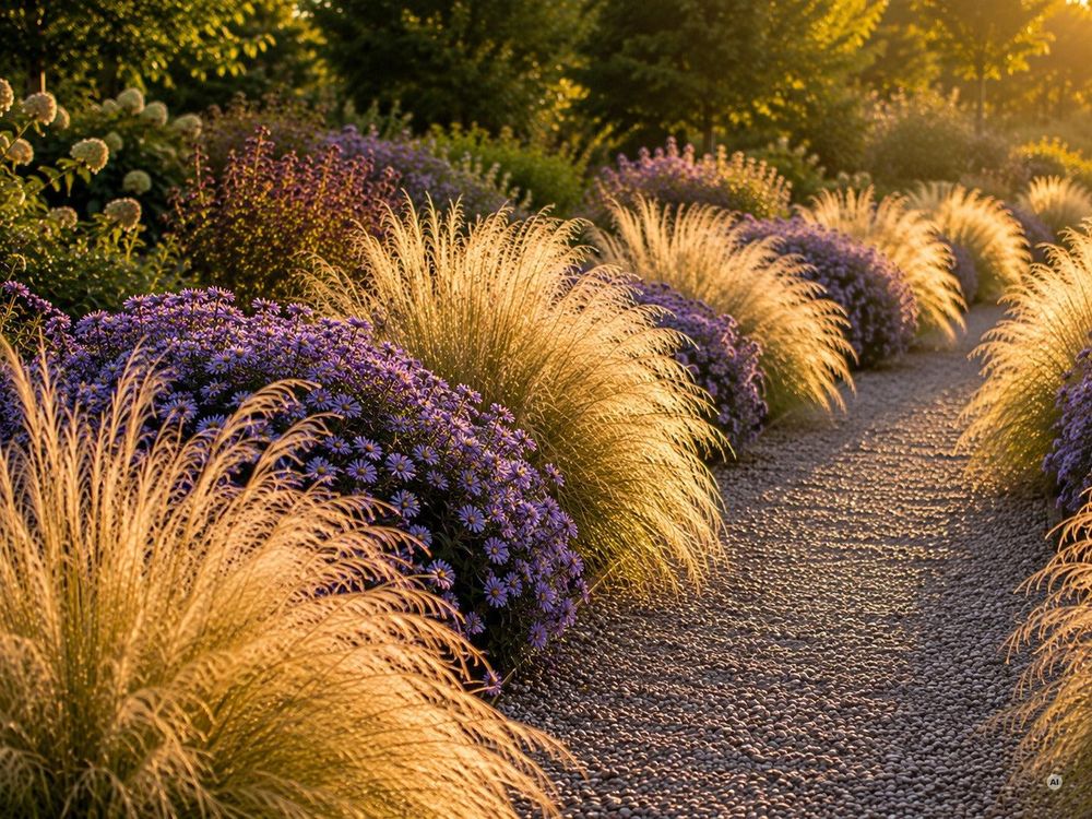 Federgras Pony Tails kombiniert mit violetten Astern im Spätsommer