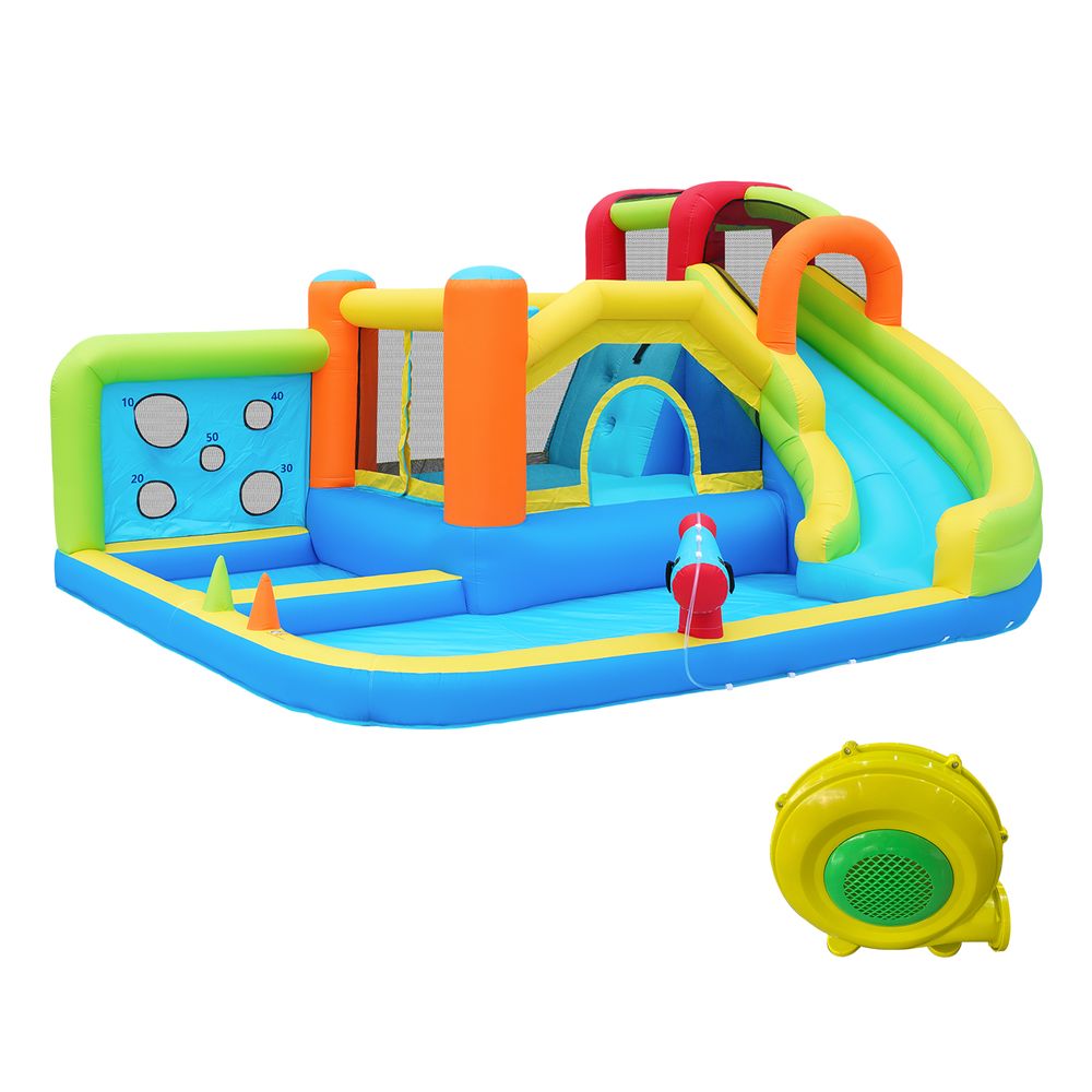 Merax multifunktionale Kinder-Hüpfburg mit 450W Gebläse, Outdoor-Spielplatz inkl. Wasserrutsche, Basketballkorb, Kletterwand, Wurfwand, für Trockene