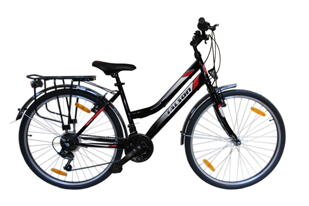 Talson City-Fahrrad 26 Zoll, 21-GG-Shimano-Schaltung mit Beleuchtung und Gepäckträger, Farbe Schwarz