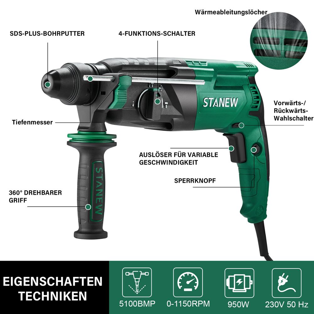 STANEW Bohrhammer 950 W SDS Plus, 0–1150 U/min/5100 BPM, Bohrmaschine mit 4 Funktionen & Sicherheitskupplung, Kabelgebundener Stemmhammer mit variable Geschwindigkeit, Beton, Stahl, Holz