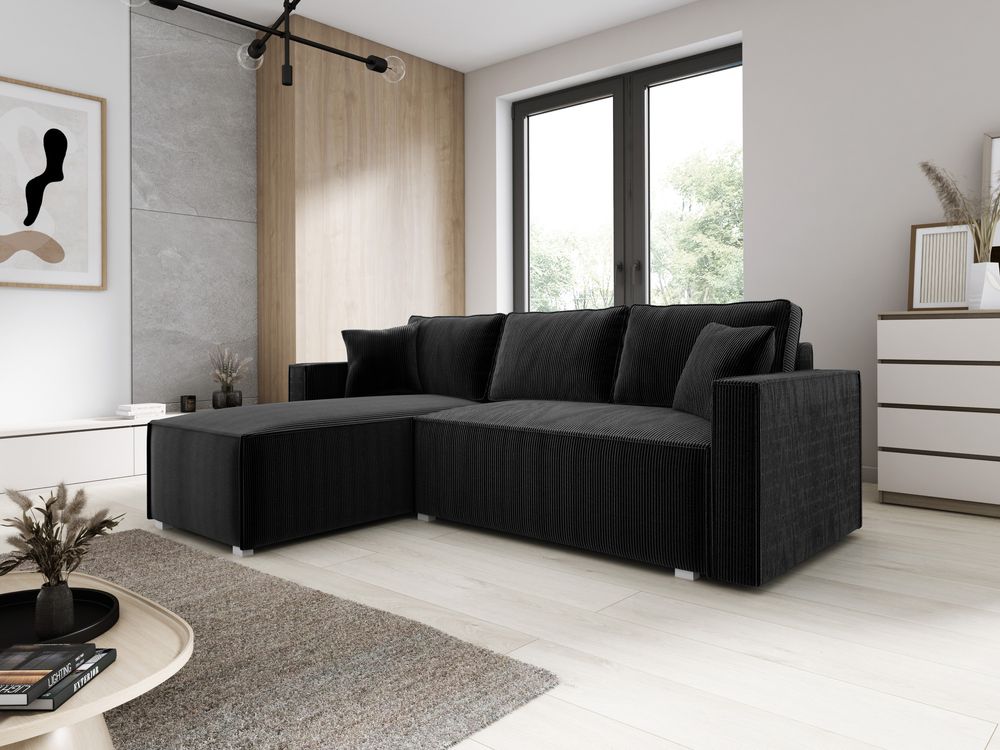 Ecksofa mit Schlaffunktion und Bettkasten NOEMI 145x235 cm, Eckcouch Cord Schwarz, Sofa L-Form, Universal Ottomane, Couch mit Wellenfeder - PS 135