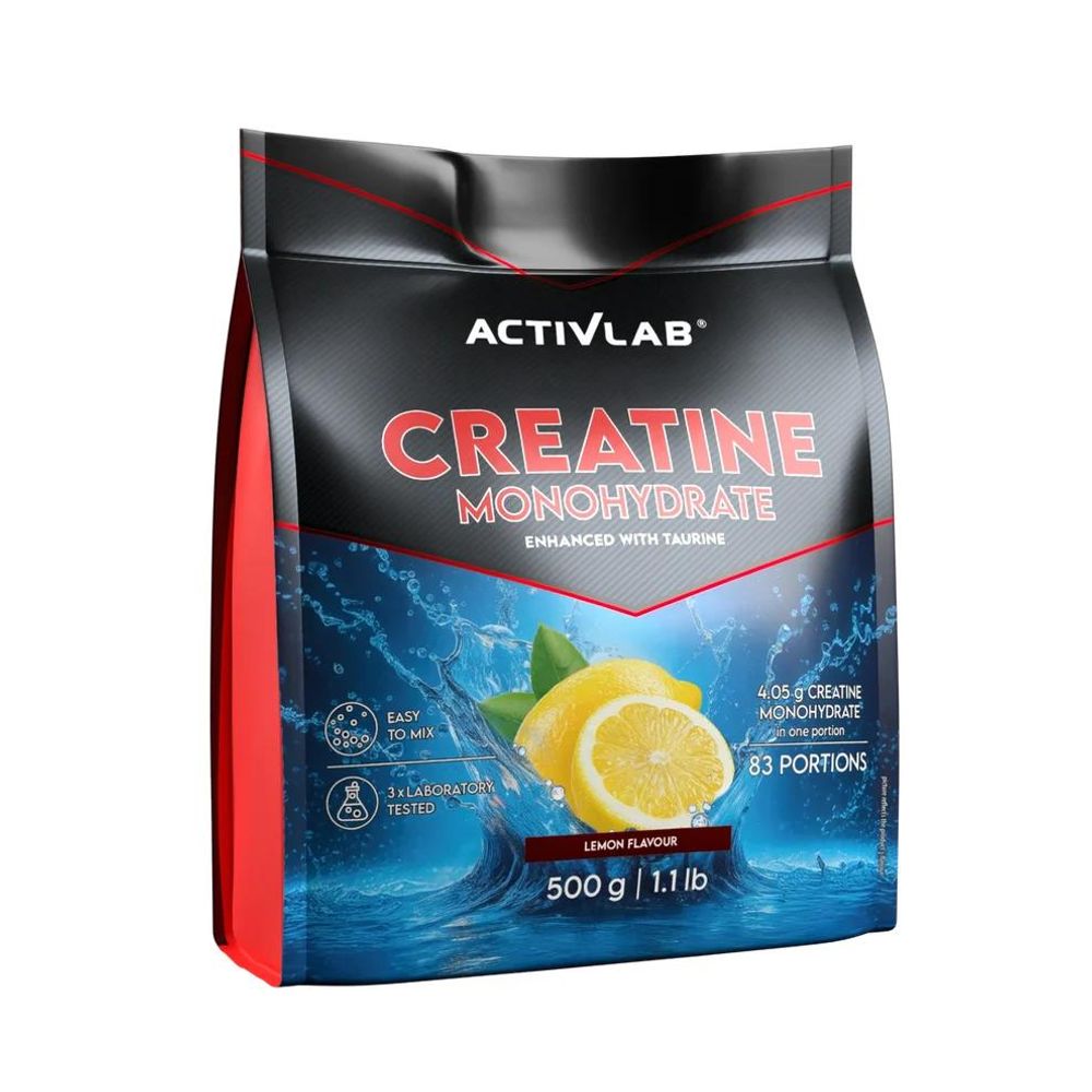 Activlab Creatine Monohydrate – Kreatyna z Tauryną, Proszek Przedtreningowy, Cytryna, 500 g