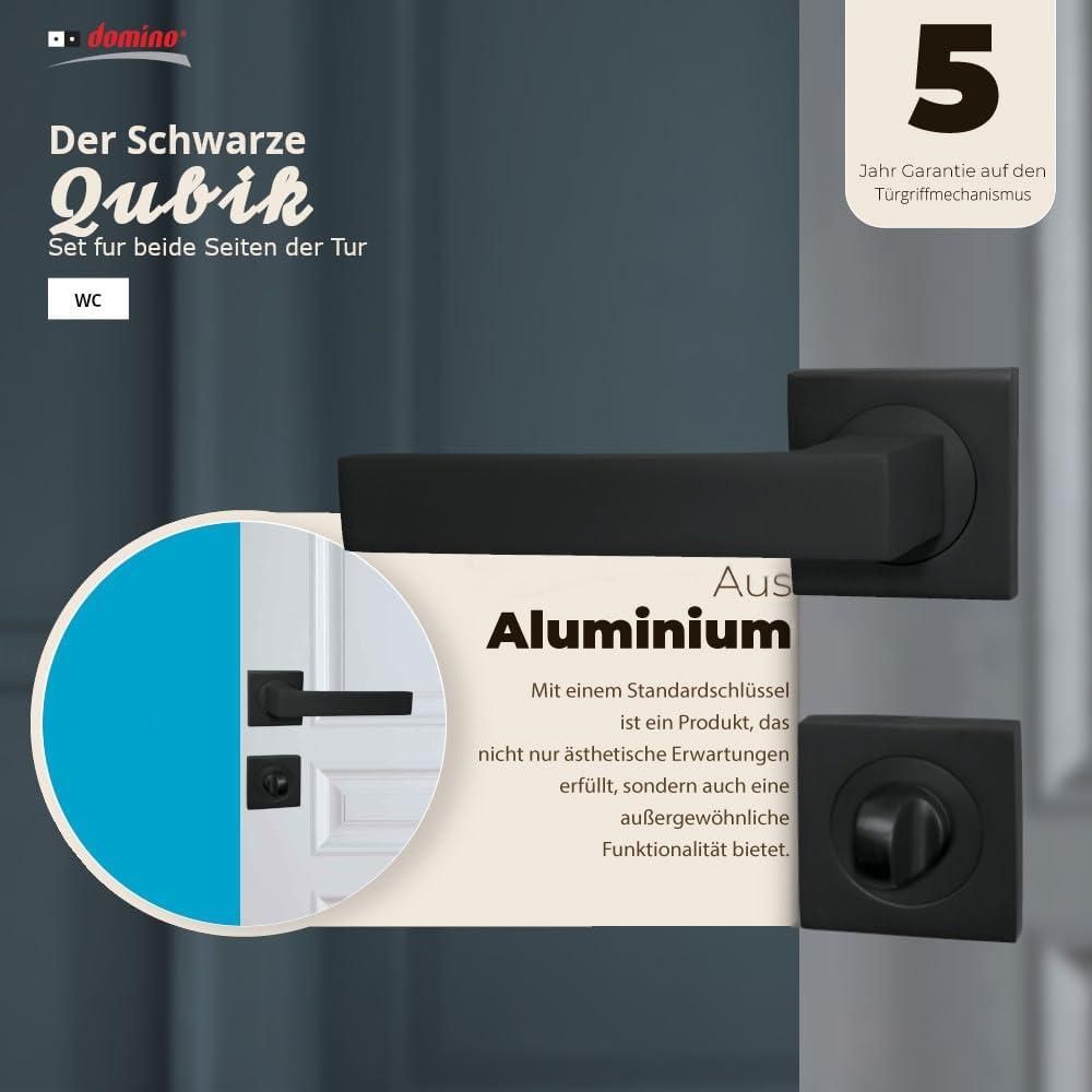 DOMINO Türgriff Drückergarnitur WC - Badezimmer Set | mit quadratischen Rosetten | für Badezimmertüren | Set WC - Rosetten-Garnitur | Türbeschläge aus Aluminium |Schwarz Türdrückergarnitur | QUBIK-QR BLACK