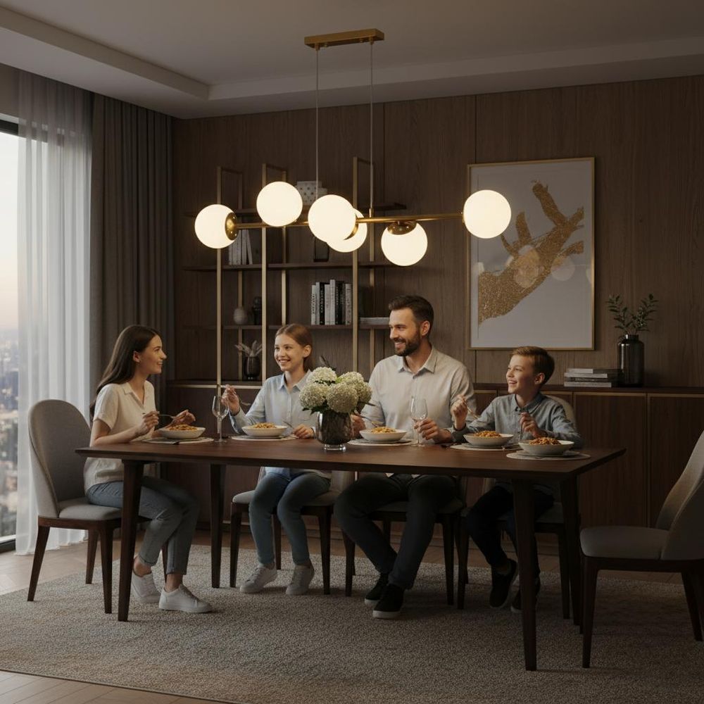 Wohnzimmer mit goldener Lampe Bali, elegantes Interieur mit Fernseher.