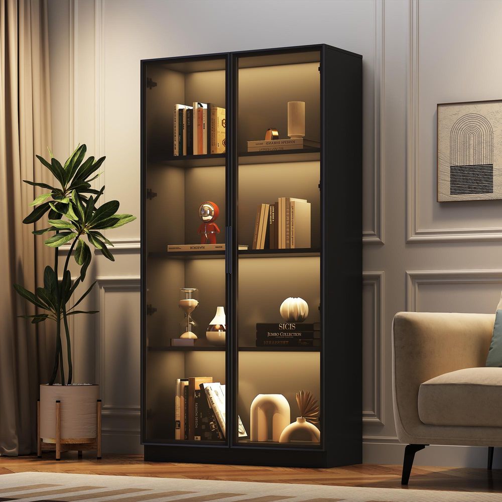 Merax Glasvitrine 2er mit LED, 80x40x160cm, Hochschrank mit App-Steuerung, Doppeltür-Vitrine mit Einlegeböden, Standvitrine Schwarz