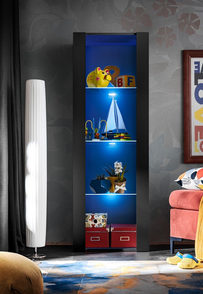 Komodee | Wohnwand Wohnzimmerset Tivoli Grande, Korpus Schwarz Matt Frontfarbe Schwarz Matt, LED Blau