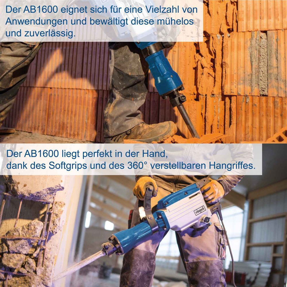 Das Bild zeigt den Abbruchhammer AB1600 beim Ziegelabbruch und bei der Bearbeitung einer Wand.