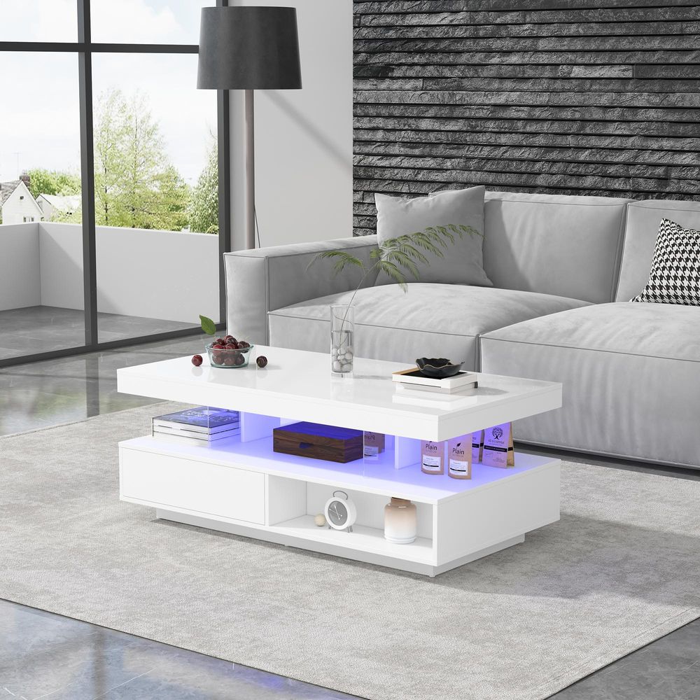Merax Couchtisch mit 2 Schubladen und Stauraum, Beistelltisch Hochglanz Sofatisch mit LED inkl. APP, Wohnzimmertisch 95x42,5x50cm, Weiß