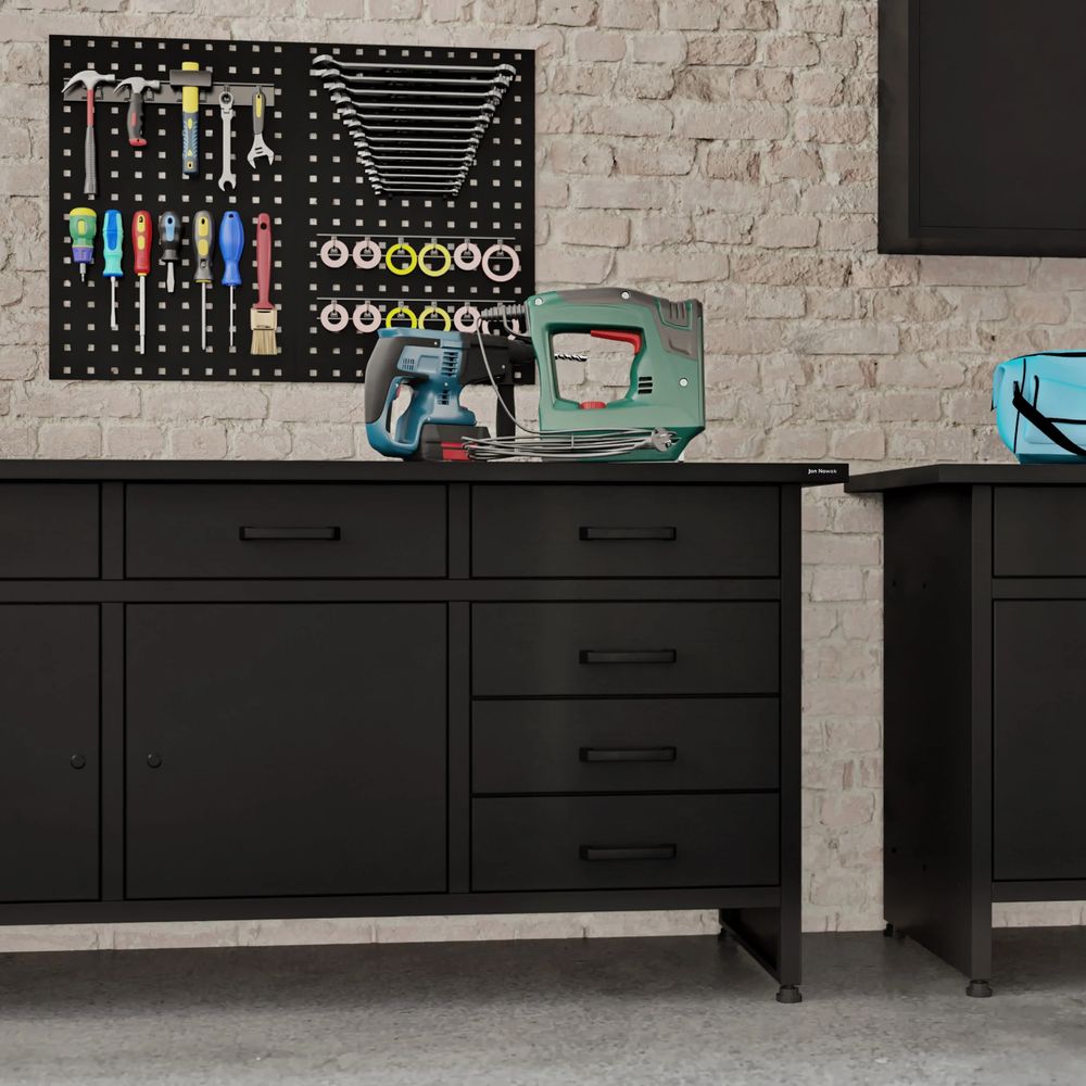 Werkbank mit Arbeitsplatte Werktisch mit 6 Schubladen 2 Schließfächer Verstellbare Füße MDF-Arbeitsplatte Belastbar bis 500 kg Metall 170 cm x 60 cm x 85 cm Farbe: Schwarz