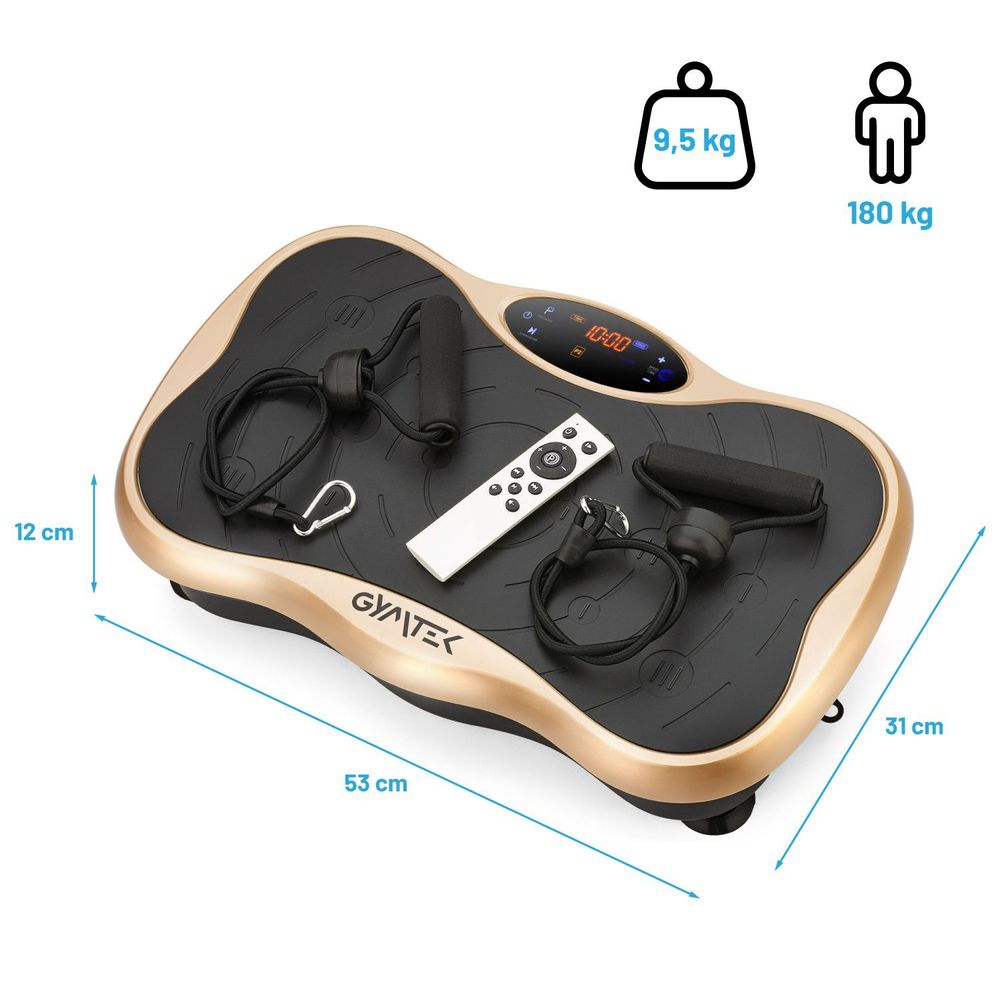 Gymtek® Vibrationsplatte Vibrotrainer - bis 180kg - 5 Ausbildungsprogramme, 99 Stufen - 2 Expanderbänder - Bluetooth, Fernbedienung, LCD, Lautsprecher