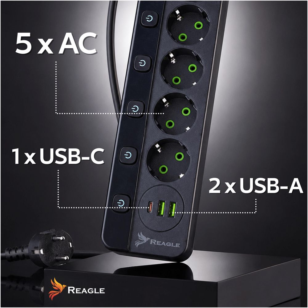 Reagle 3m Steckdosenleiste 5-fach einzeln schaltbar, Mehrfachsteckdose mit 3x USB (1x USB-C Schnellladen), Verlängerungskabel 2500W Schwarz