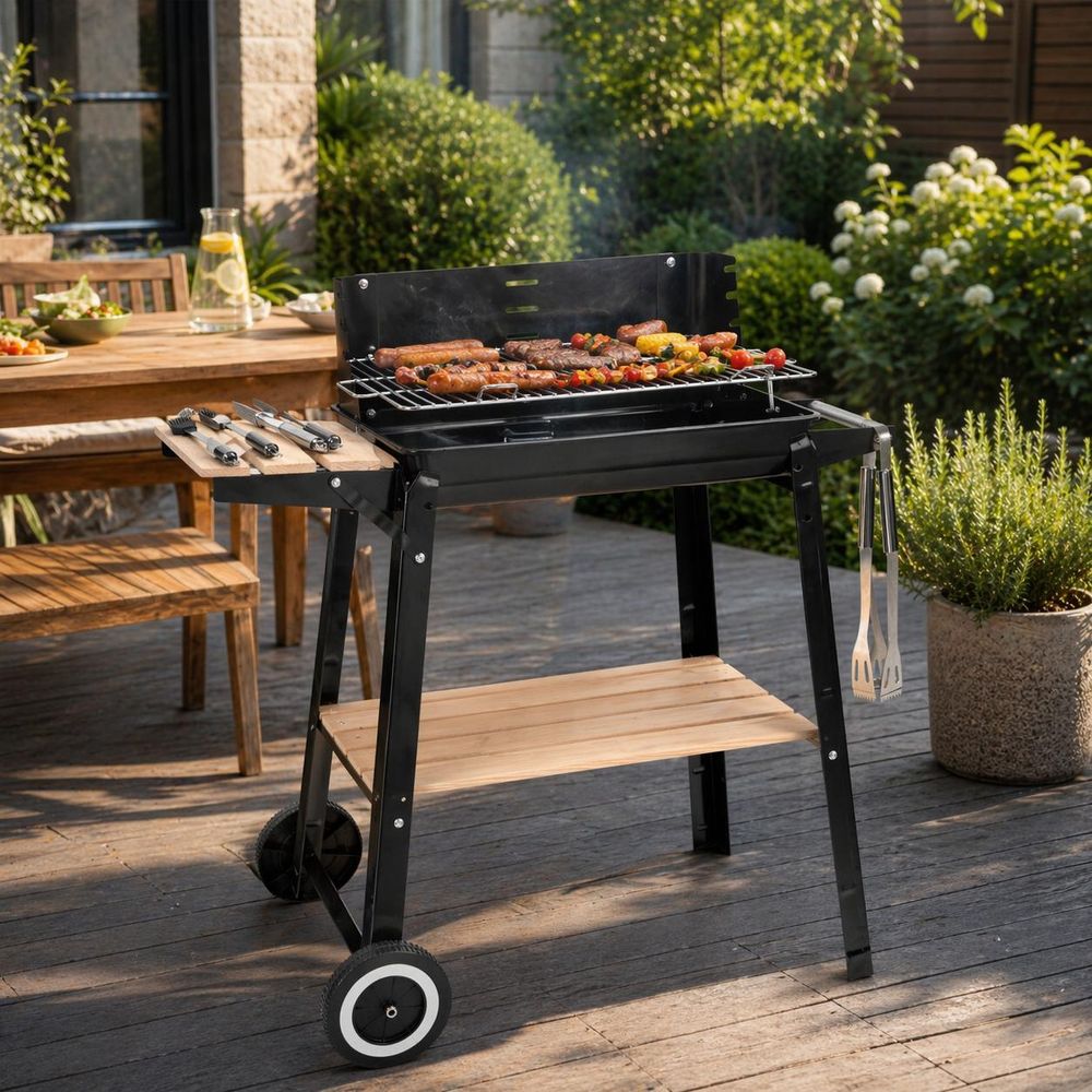 Bauhus Grill węglowy ogrodowy 53x33 cm z półką kółkami i kratką do podgrzewania czarny duży