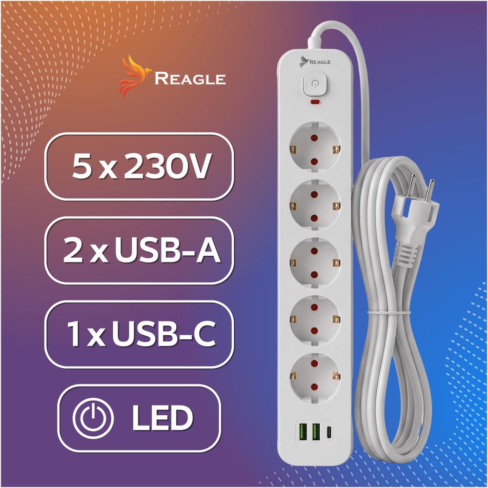 Reagle 3m Steckdosenleiste 5-fach mit 3x USB (2x USB-A, 1x USB-C), Mehrfachsteckdose, Verlängerungskabel 2500W, Schalter, Weiß