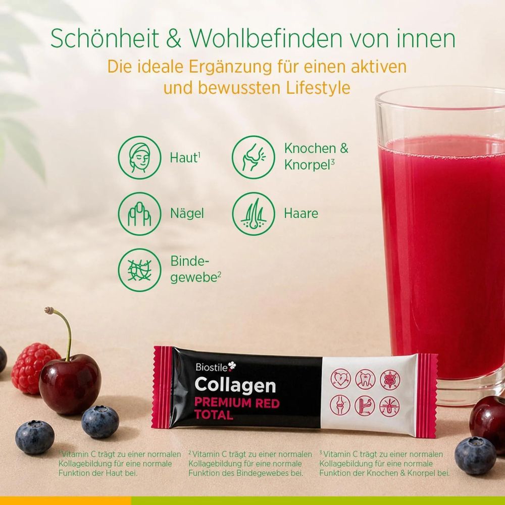 Packung Biostile Collagen Premium Red Total mit fünf Kollagenquellen und 30 Portionsbeuteln