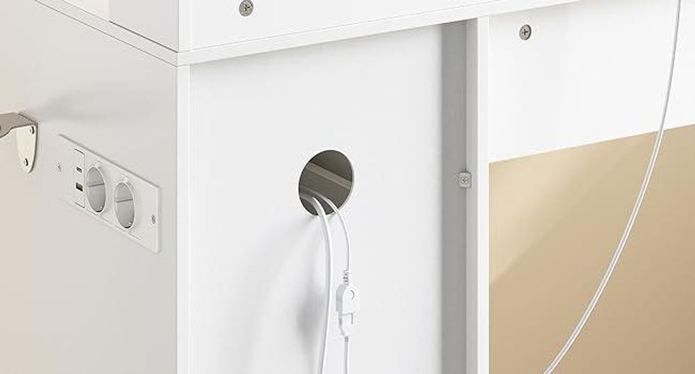 WOLTU Schminktisch mit LED-Beleuchtung und Steckdose, Verschiebbarer Spiegel, Weiß