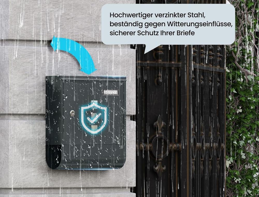 WOLTU Briefkasten, Postkasten mit Zeitungsfach Namensschild, 30,5x33,5x10 cm, Anthrazit
