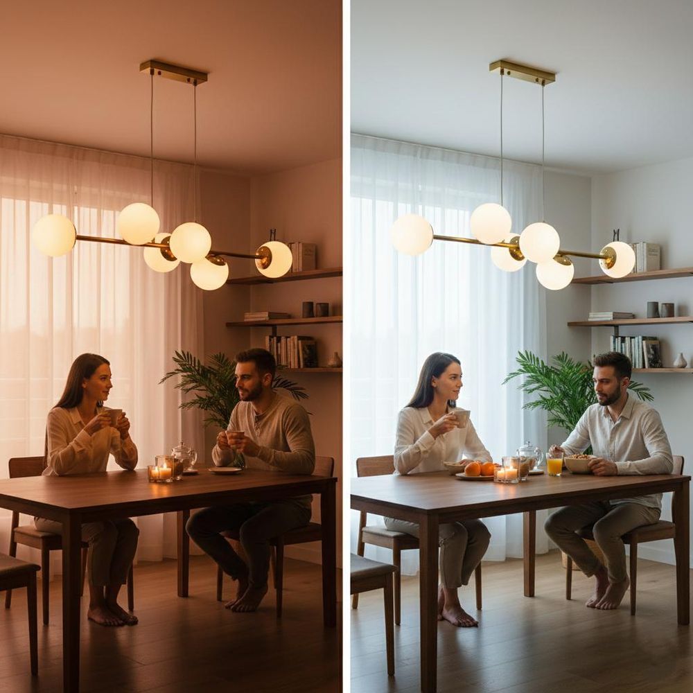 Goldene Pendelleuchte, elegante Gold-Glas-Kombination, Wohnzimmer mit Sofa.