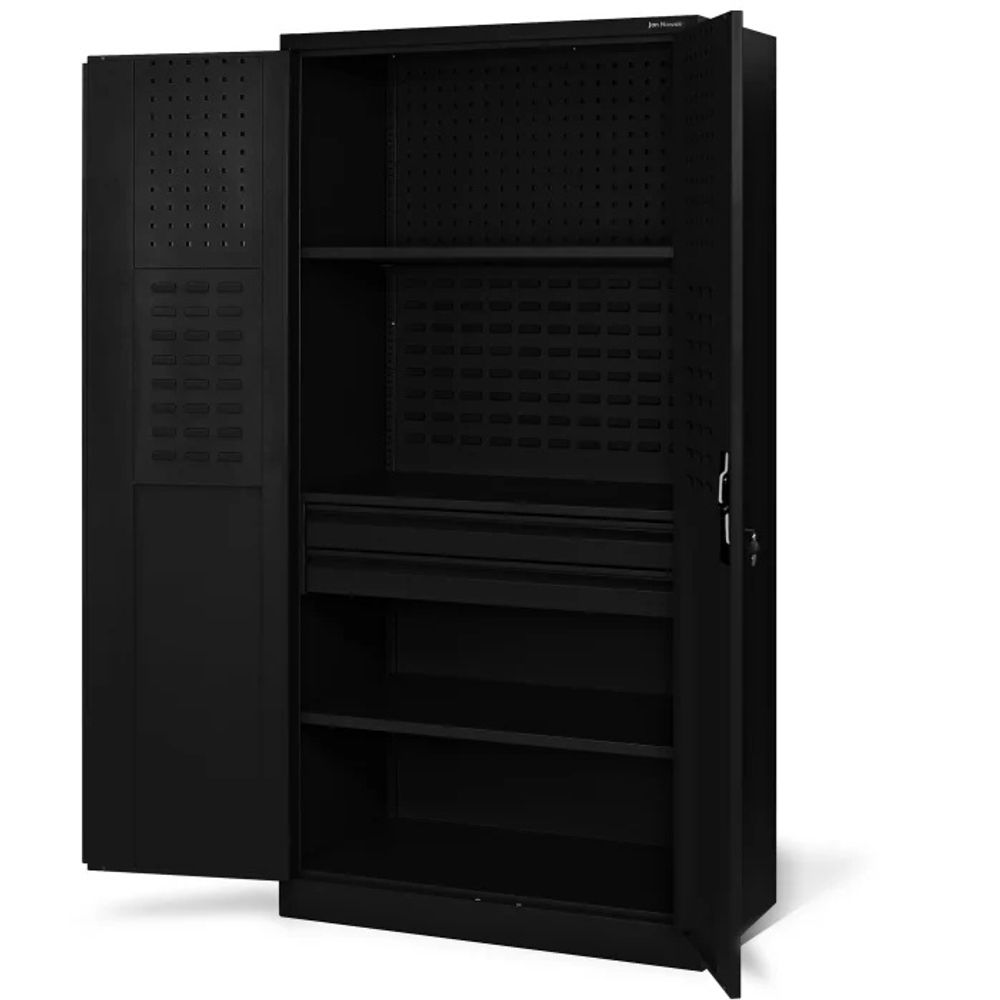 Jan Nowak Werkzeugschrank TC02AM Werkstattschrank mit Schubladen Flügeltüren Metallschrank 3 Fachböden Pulverbeschichtung 185 cm x 92 cm x 50 cm, Farbe: Schwarz