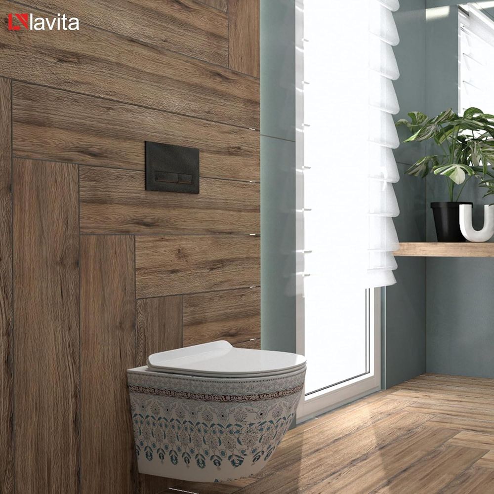 LAVITA Wand-WC Sofi Slim Folklor | HŠnge Toilette | Toilettendeckel mit Absenkautomatik & Metallscharniere | Toiletten SpŸlrandlos HŠngend | Toilettenbecken | 365x490x395 cm | Wei§/Blue