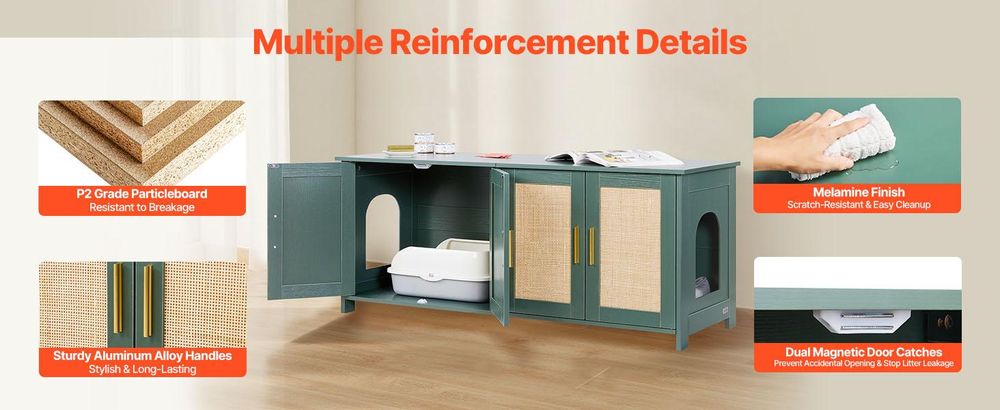 VEVOR Katzenschrank, 1200x450x500 mm, Katzentoilette mit 4 Rattantüren & 2 Eingängen, Katzenklo Schrank für den Innenbereich, Katzenhaus passend für die meisten Katzentoiletten, grün